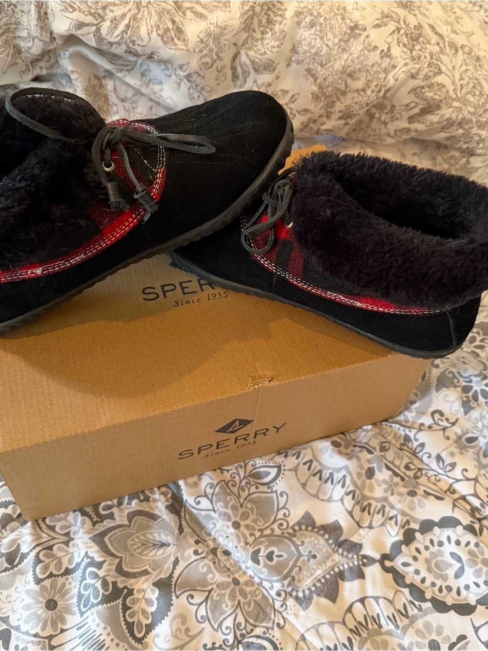 Sperry Black Suede Slippers with Red Plaid Trim